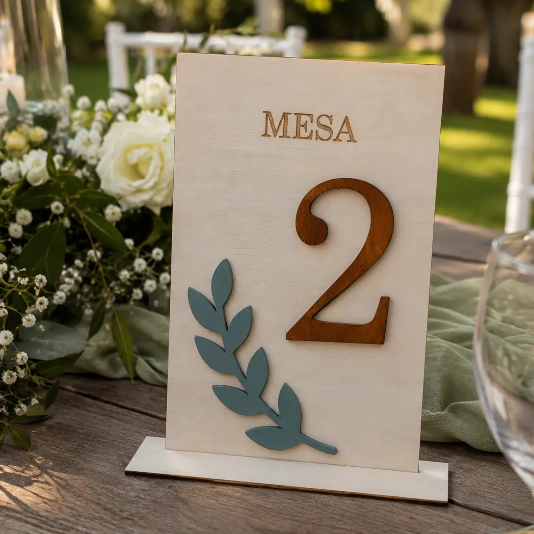 Número de Mesa em Madeira | Número e Ramo Decorativo 3D