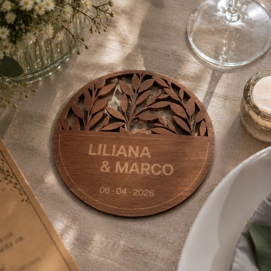 Porta-Copos em Madeira Gravada | Rendilhado Floral | Lembrança de Casamento Personalizada