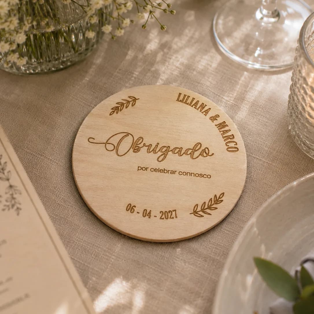 Porta-Copos em Madeira "Obrigado" | Gravado a Laser | Lembrança de Casamento Personalizada