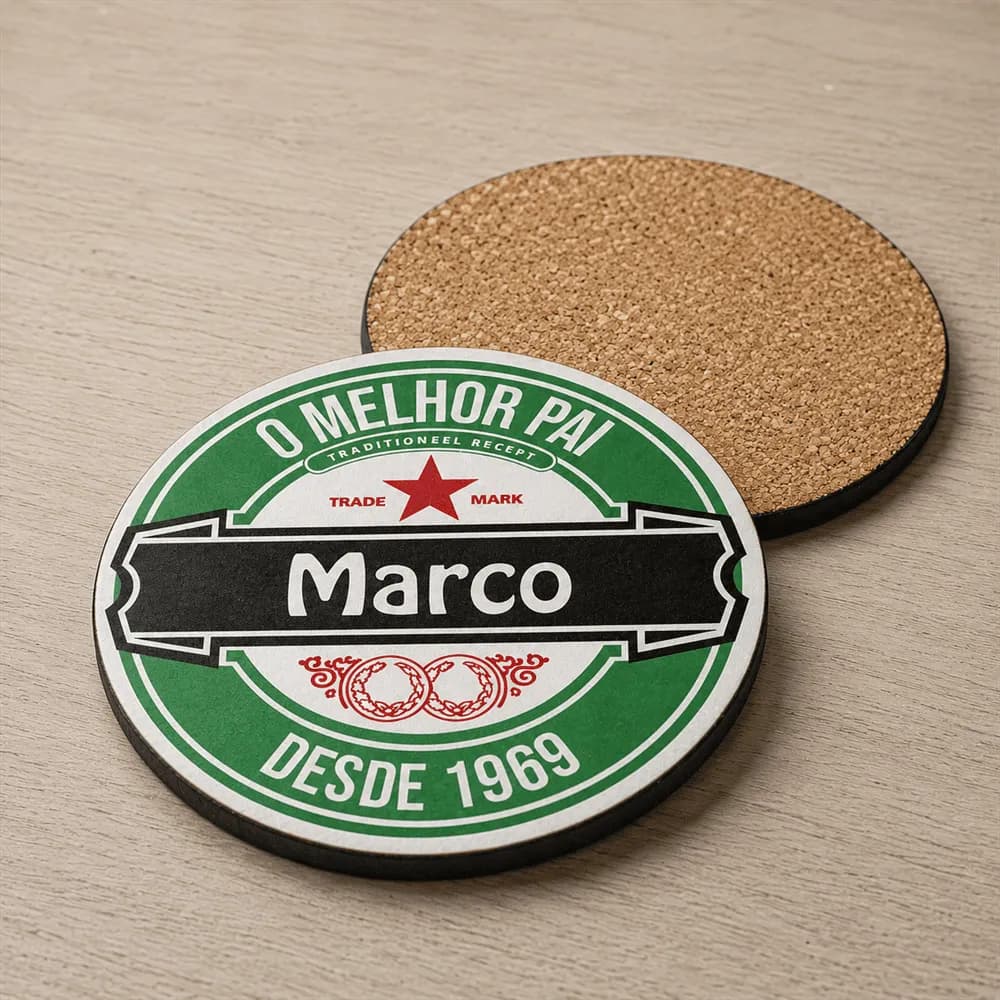 Porta-Copos em Madeira Personalizado Heineken | Hexagonal ou Redondo | Base de Cortiça | Nome e Ano