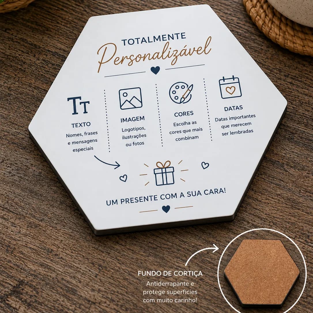 Porta-Copos Hexagonal em Madeira Personalizado